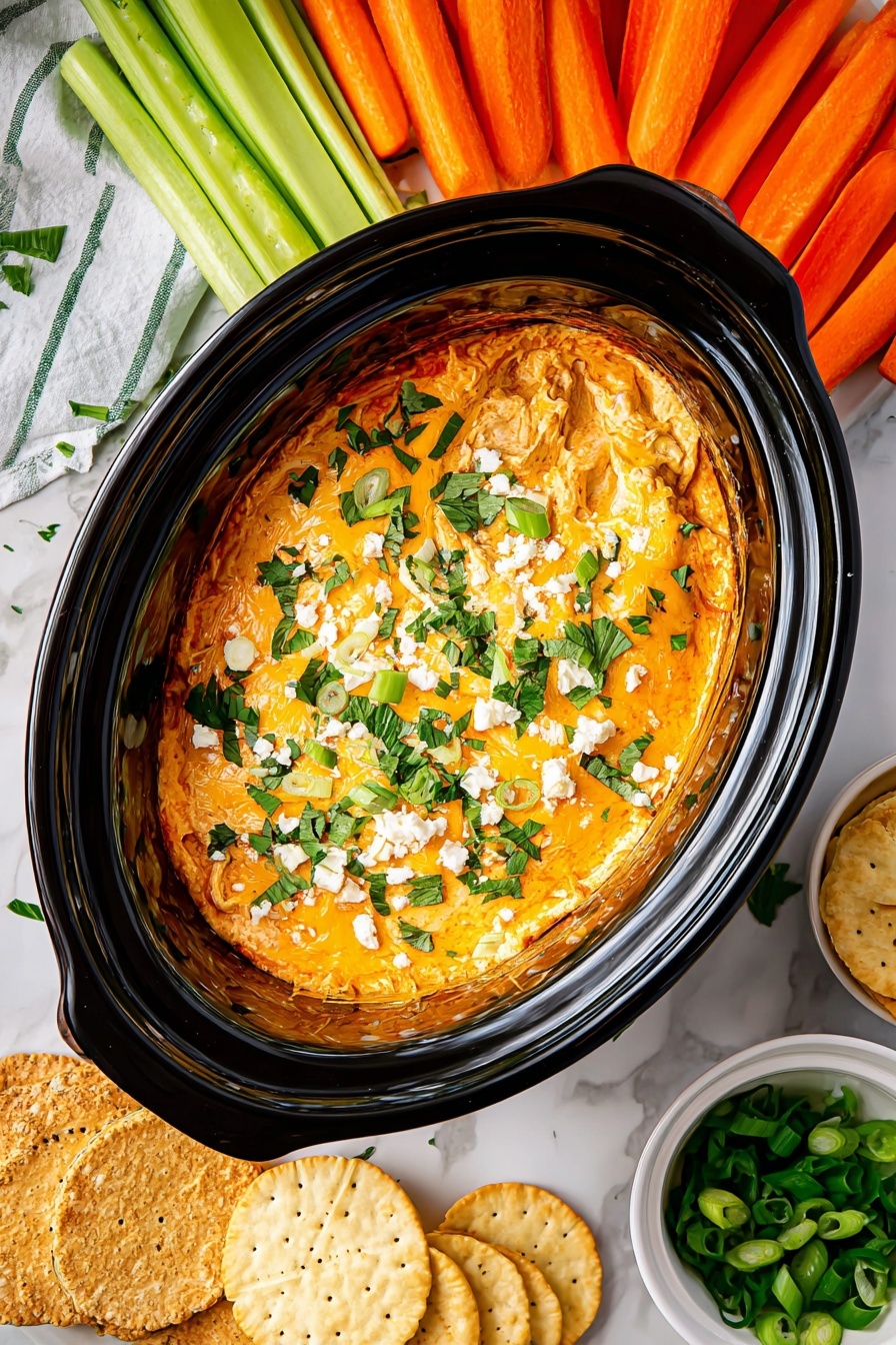 An oval black slow cooker contains a creamy orange dip mixed with melted yellow and white cheese having a stretchy texture, topped with chopped fresh green herbs and sliced green onions with small white cheese crumbles scattered on top. Around it, a white marbled surface holds a white bowl filled with long sticks of bright orange carrots and green celery arranged neatly. There is also a white bowl with stacked plain yellow crackers on the lower right and a small white bowl on the top right with chopped green onions. The scene is bright, fresh, and colorful with a cozy food setting. Photo taken with an iphone --ar 2:3 --v 7