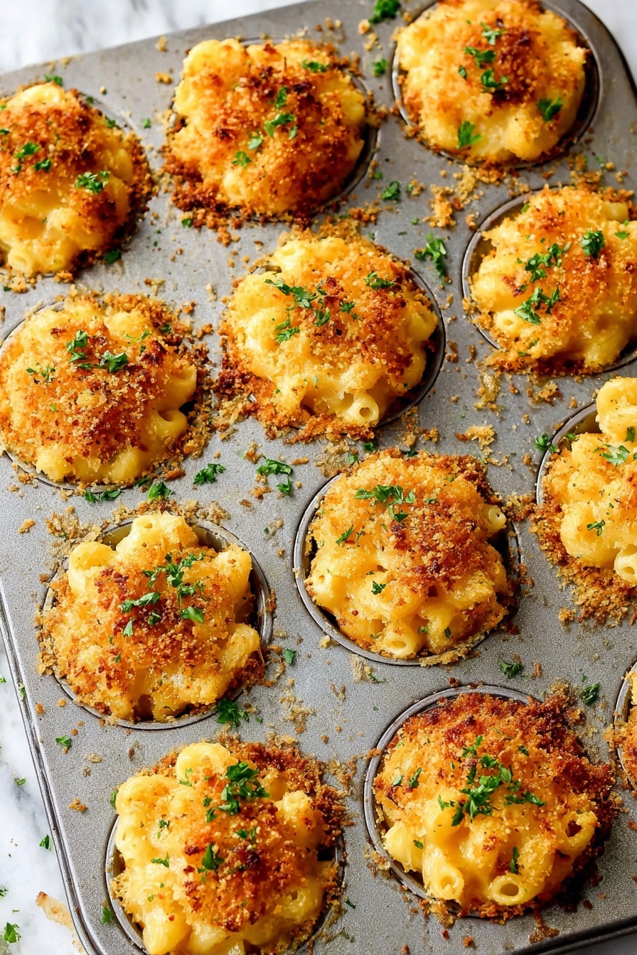 The image shows a metal muffin tray filled with twelve small rounds of baked macaroni and cheese. Each round has a golden-yellow macaroni base with a slightly creamy texture, topped with a crispy, golden-brown breadcrumb layer sprinkled with small green parsley leaves. The macaroni spills slightly over the edges of the muffin cavities, giving a rustic look. The tray sits on a white marbled surface with some crumbs and parsley bits scattered around. Photo taken with an iphone --ar 2:3 --v 7