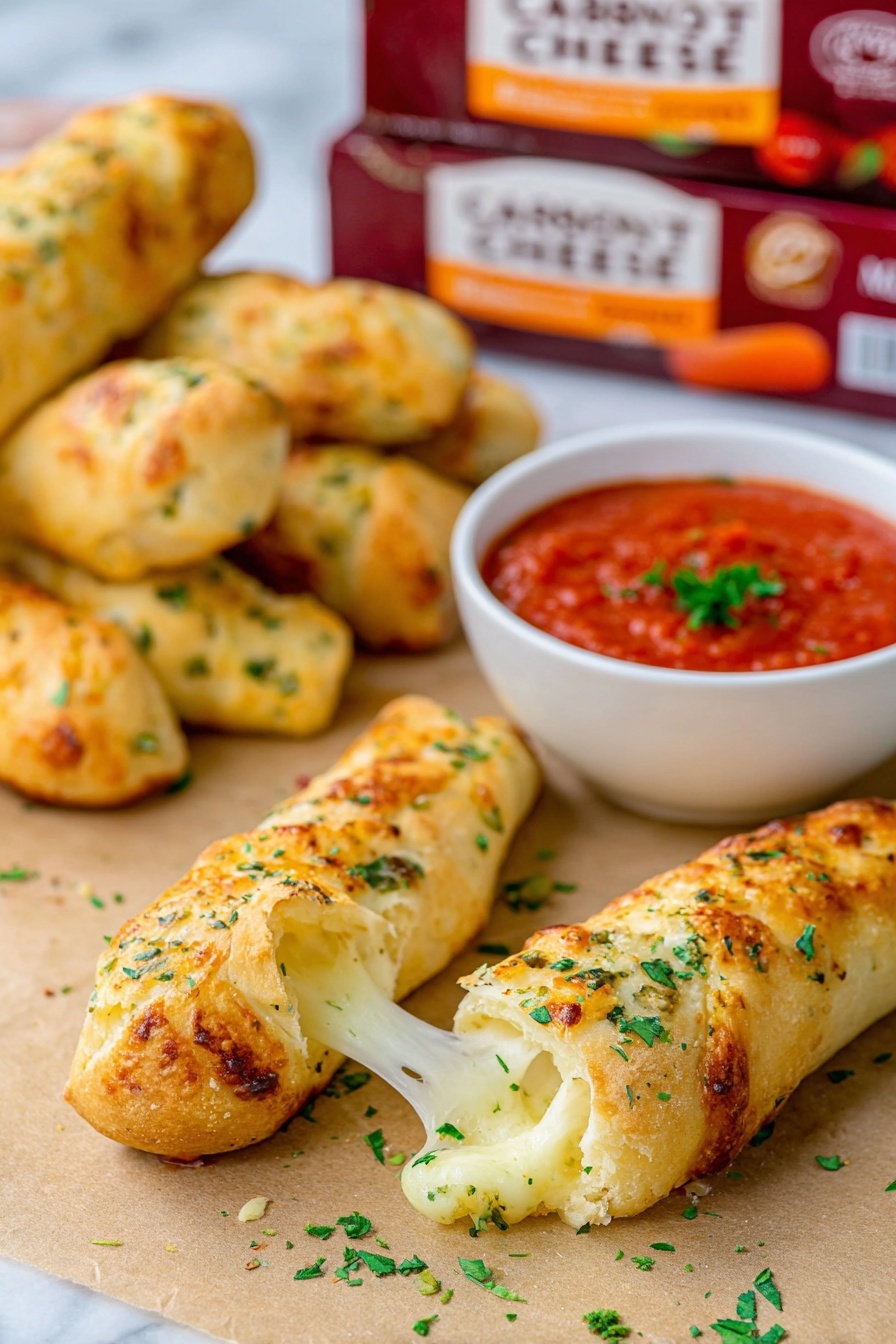 The image shows several golden baked breadsticks with a smooth, slightly browned crust, speckled with small green herb pieces on top. One breadstick in the center is broken open, revealing a soft, cheesy inside with melted white cheese stretching out. The breadsticks rest on light brown parchment paper scattered lightly with green herbs. To the right, there is a white bowl filled with bright red marinara sauce garnished with a few small green herbs. In the background, there are three blurred packages of carrot cheese stacked horizontally. The whole setting is on a white marbled surface. photo taken with an iphone --ar 2:3 --v 7