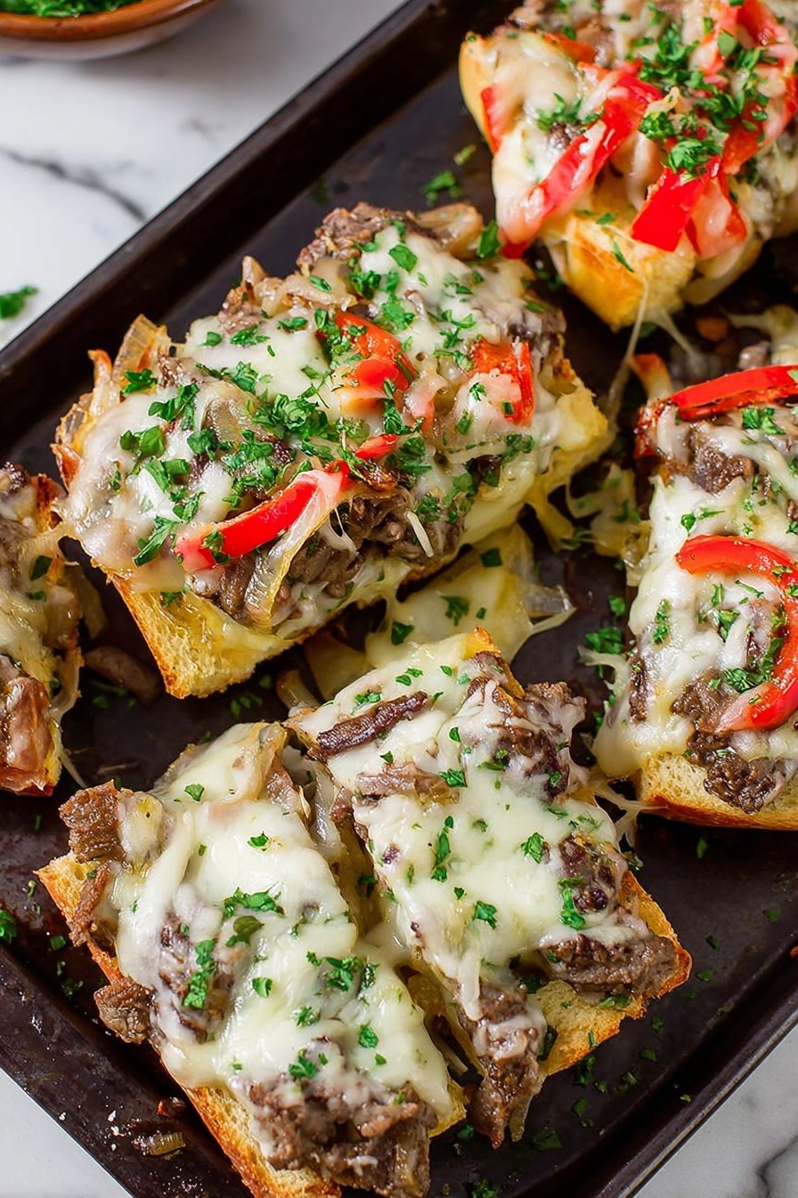 The image shows several open-faced sandwiches on a dark baking tray placed on a white marbled surface. Each sandwich has a base layer of light golden toasted bread, topped with melted white cheese that slightly drips over the edges. On top of the cheese, there is a layer of cooked brown beef pieces mixed with sautéed translucent onions and bright red bell pepper slices. Finally, fresh green chopped parsley is sprinkled over the sandwiches, adding a pop of color. The scene shows a close-up view with some melted cheese strings and herbs scattered around photo taken with an iphone --ar 2:3 --v 7