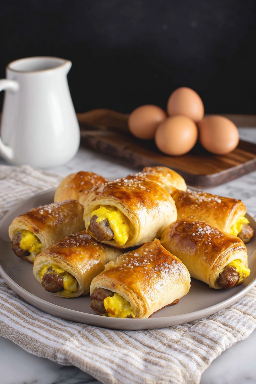 The image shows six golden-brown sausage rolls on a round white plate. Each roll has a flaky, shiny crust with a sprinkle of coarse salt on top, and inside you can see a small sausage along with bright yellow scrambled eggs. The rolls are arranged close together, giving a hearty look. Behind the plate, there is a small white pitcher and three brown eggs, all set on a white marbled surface with a white and striped cloth underneath. The background is dark, making the food stand out clearly. Photo taken with an iphone --ar 2:3 --v 7