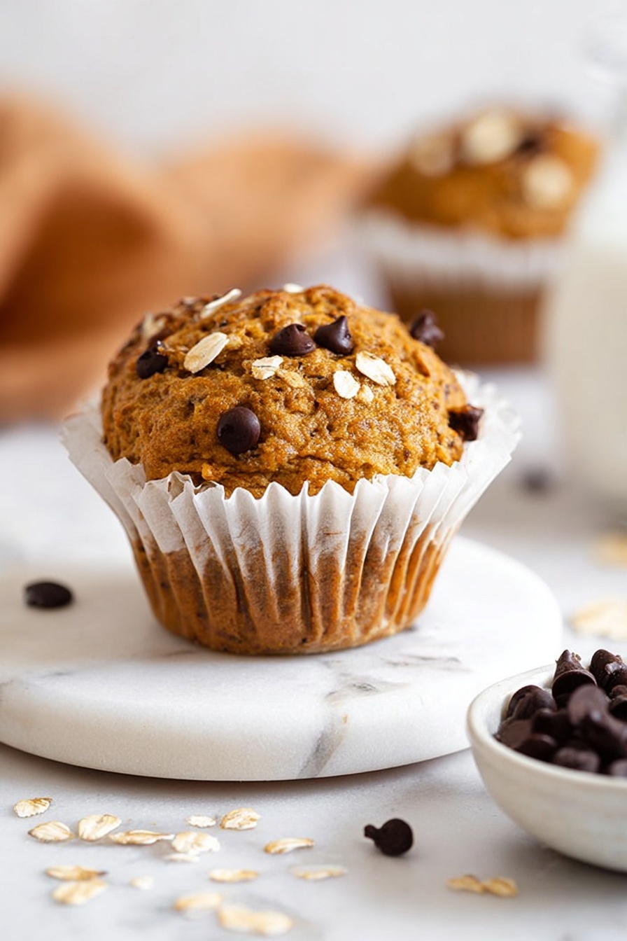 A single golden-brown muffin with a rough textured top sits partly wrapped in a crinkled white paper liner on a white marble circle base. The muffin is sprinkled with dark chocolate chips and light beige oats scattered on its dome, creating contrast with the warm muffin color. In the background, two more similar muffins are softly blurred, along with a white bowl containing dark chocolate chips. The scene is on a white marbled surface, with a few oats and chocolate chips scattered around. photo taken with an iphone --ar 2:3 --v 7