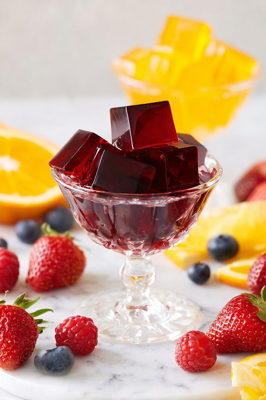 A clear glass dessert cup filled with dark red, glossy jelly cubes stacked in about three layers, creating a shiny and smooth texture. The cup sits on a white marble surface surrounded by fresh strawberries, raspberries, blueberries, and orange slices scattered around, adding pops of red, blue, and orange colors. In the background, there is another clear glass cup filled with yellow jelly cubes, slightly out of focus. The scene is bright and fresh with soft lighting, highlighting the shiny jelly and fresh fruits. Photo taken with an iphone --ar 2:3 --v 7
