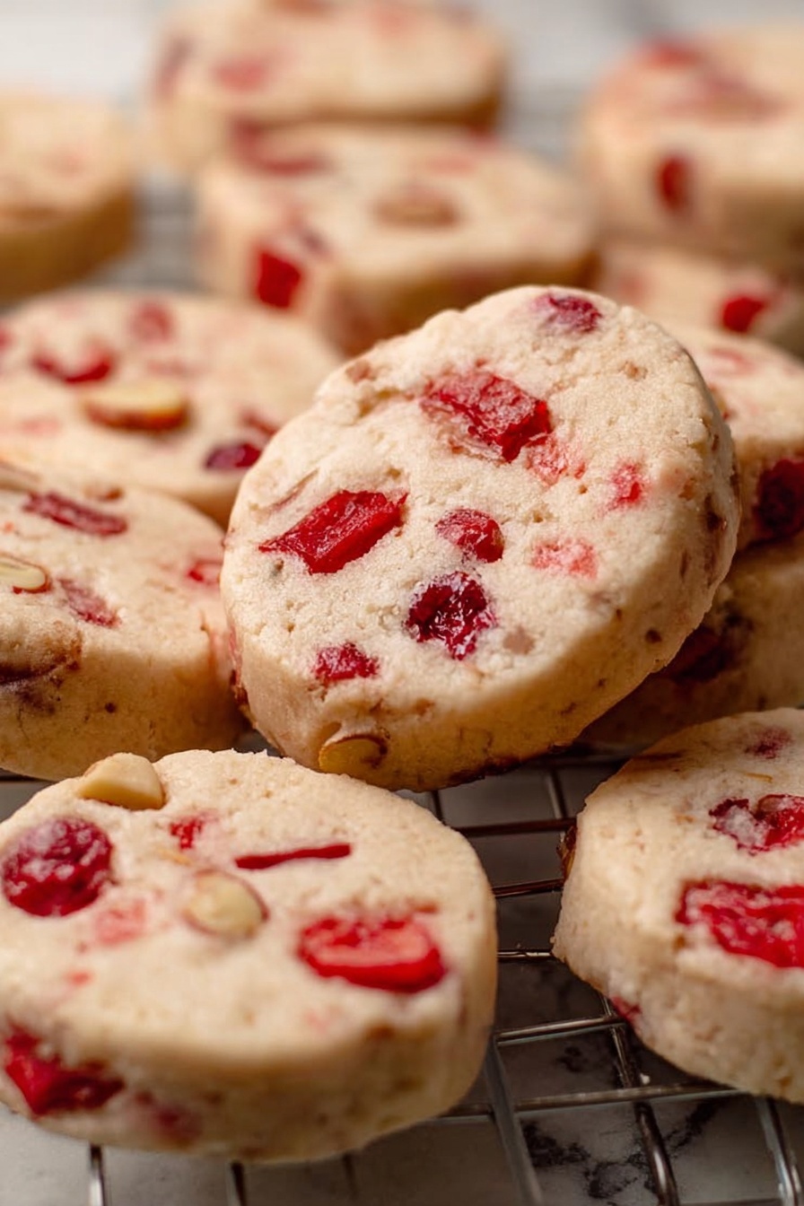 The image shows a close-up of several round cookies stacked together on a cooling rack. Each cookie has a light beige base with red and pinkish bits embedded throughout, creating a speckled pattern. The cookies have a slightly rough texture with small chunks visible, and the edges are gently browned. The cookies are thick and thickly layered, giving them a chunky appearance. The background and surface are a white marbled texture. photo taken with an iphone --ar 2:3 --v 7