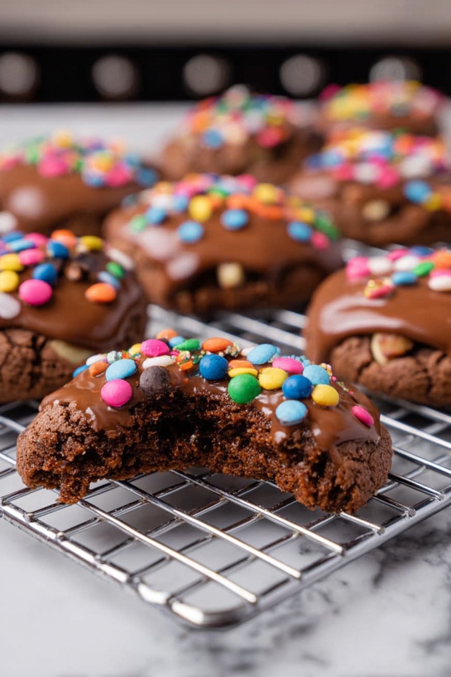 The image shows several pieces of chocolate cookies on a metal cooling rack. Each cookie is topped with a shiny layer of melted chocolate and colorful round sprinkles in red, green, blue, yellow, orange, pink, and white. The cookies have a rough texture and some contain small nut pieces. One cookie is broken in half to show its soft, dense, and moist inside. The background has a white marbled surface, with part of a blurred kitchen setting behind. Photo taken with an iphone --ar 2:3 --v 7