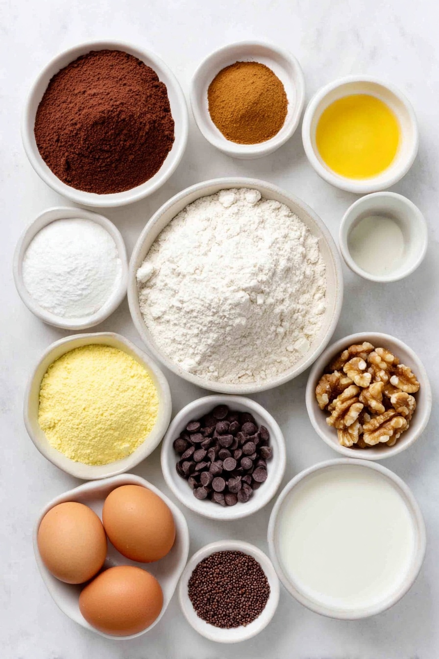 Flat lay of a small mound of all-purpose flour, a small white bowl of unsweetened cocoa powder, a small white bowl of baking powder, a small pinch of salt crystals, a small heap of ground cinnamon, a tiny pile of ground nutmeg, a small amount of ground cloves, a small mound of ground allspice, two whole brown eggs with clean shells, a small white bowl of granulated sugar, a small white bowl of neutral oil, a small white bowl of milk, a small white bowl of vanilla extract liquid, a handful of chopped walnuts, a small pile of mini chocolate chips, a small white bowl of powdered sugar, a small white bowl of sprinkles, all arranged in perfect symmetry on a clean white ceramic surface, placed on a clean white marble surface, soft natural light, photo taken with an iPhone, professional food photography style, fresh ingredients, white ceramic bowls, no bottles, no duplicates, no utensils, no packaging --ar 2:3 --v 7 --p m7354615311229779997
