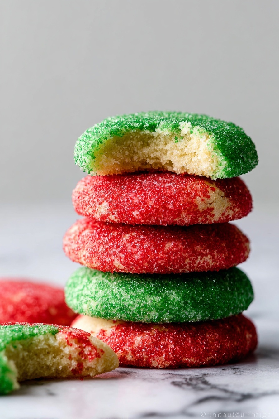 The image shows a small stack of five round sugar cookies with two colors of sugar crystals on the outside: green and red. The bottom cookie is green, followed by a red cookie, then a green cookie, and another red cookie. On top is a green cookie with a bite taken out, showing a light, soft inside. The cookies have a slightly rough texture from the sugar crystals, and one broken cookie piece lies flat in front of the stack on a surface with a white marbled texture. The background is plain and light, making the colorful cookies stand out. Photo taken with an iphone --ar 2:3 --v 7