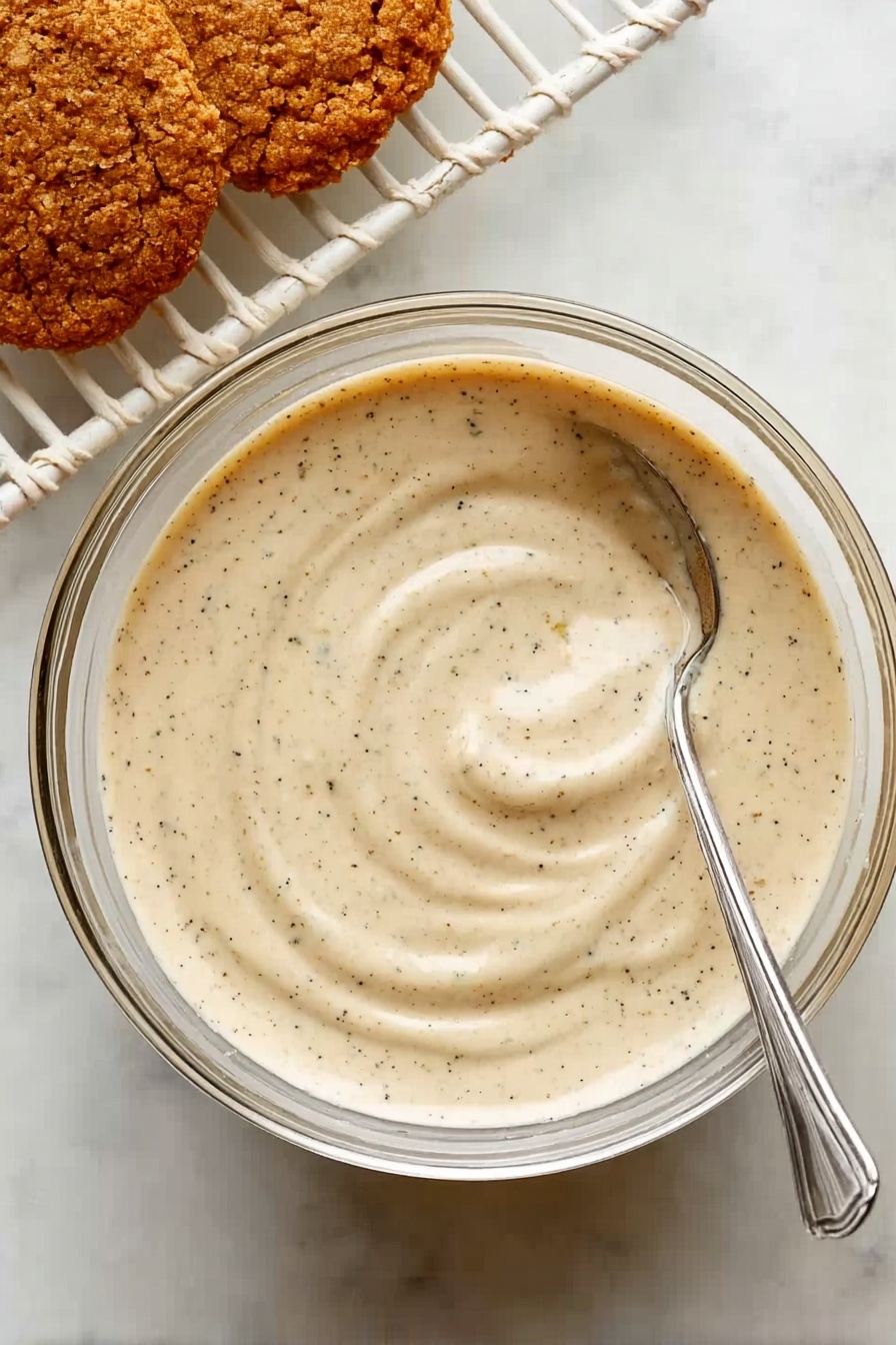 A white round plate holds eight light brown oatmeal cookies, each dipped halfway in white icing that looks smooth and slightly thick. The icing is sprinkled with a light dusting of brown cinnamon powder. The cookies have a rough, crumbly texture with small oats visible all over. The plate sits on a white marbled surface, with some green pine branches nearby and a small white bowl with brown cinnamon powder at the top right corner. Photo taken with an iphone --ar 2:3 --v 7