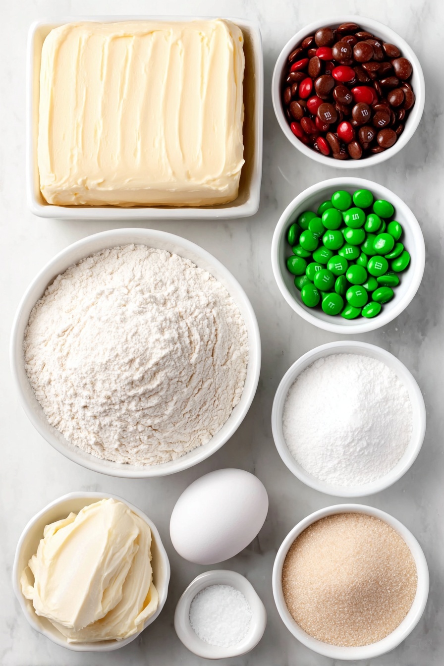 Flat lay of a small square of soft unsalted butter, a small white ceramic bowl filled with packed brown sugar, a whole large egg with a clean shell, a small white ceramic bowl of pale yellow instant vanilla pudding powder, a small white ceramic bowl of fine all-purpose flour, a small white ceramic bowl of bright red and green round sprinkles, a small white ceramic bowl of colorful Christmas M&M candies, a small white ceramic bowl with clear vanilla extract liquid, a small white ceramic bowl of fine white salt, and a small white ceramic bowl of pale beige baking soda powder, all arranged in perfect symmetry, placed on a clean white marble surface, soft natural light, photo taken with an iPhone, professional food photography style, fresh ingredients, white ceramic bowls, no bottles, no duplicates, no utensils, no packaging --ar 2:3 --v 7 --p m7354615311229779997