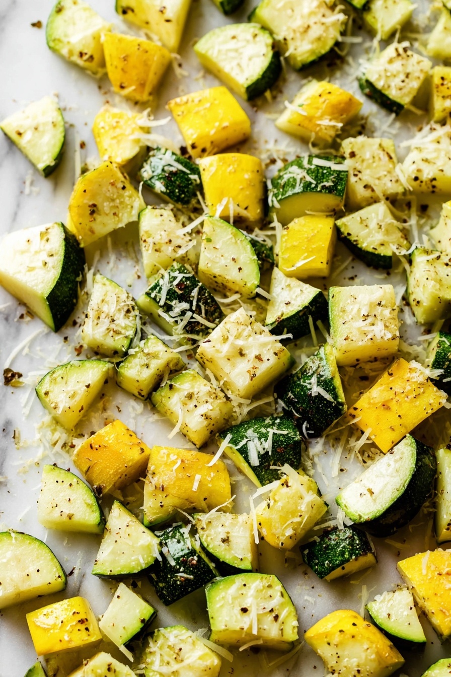 This image shows an even spread of small zucchini and yellow squash pieces on a white marbled surface. The vegetables are cut into roughly equal bite-sized cubes and are scattered in a single layer. They are seasoned with black pepper flakes and sprinkled with fine shreds of a light-colored cheese. The texture of the vegetables looks slightly soft but mostly fresh, with some edges showing slight roasting. photo taken with an iphone --ar 2:3 --v 7