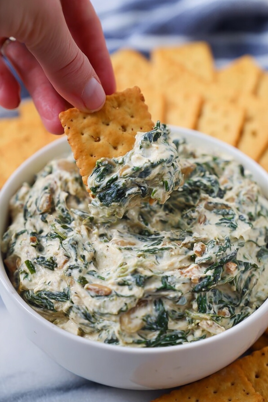 A close-up image shows a woman's hand holding a rectangular golden cracker dipped in a creamy spinach dip inside a white bowl. The dip is thick with visible dark green spinach leaves mixed into a pale, creamy base with small bits of other ingredients. The bowl is filled with the dip, which has a textured, uneven surface. Around the bowl are more golden rectangular crackers, placed on a white marbled surface. The background is blurred, highlighting the hand, cracker, and dip. photo taken with an iphone --ar 2:3 --v 7