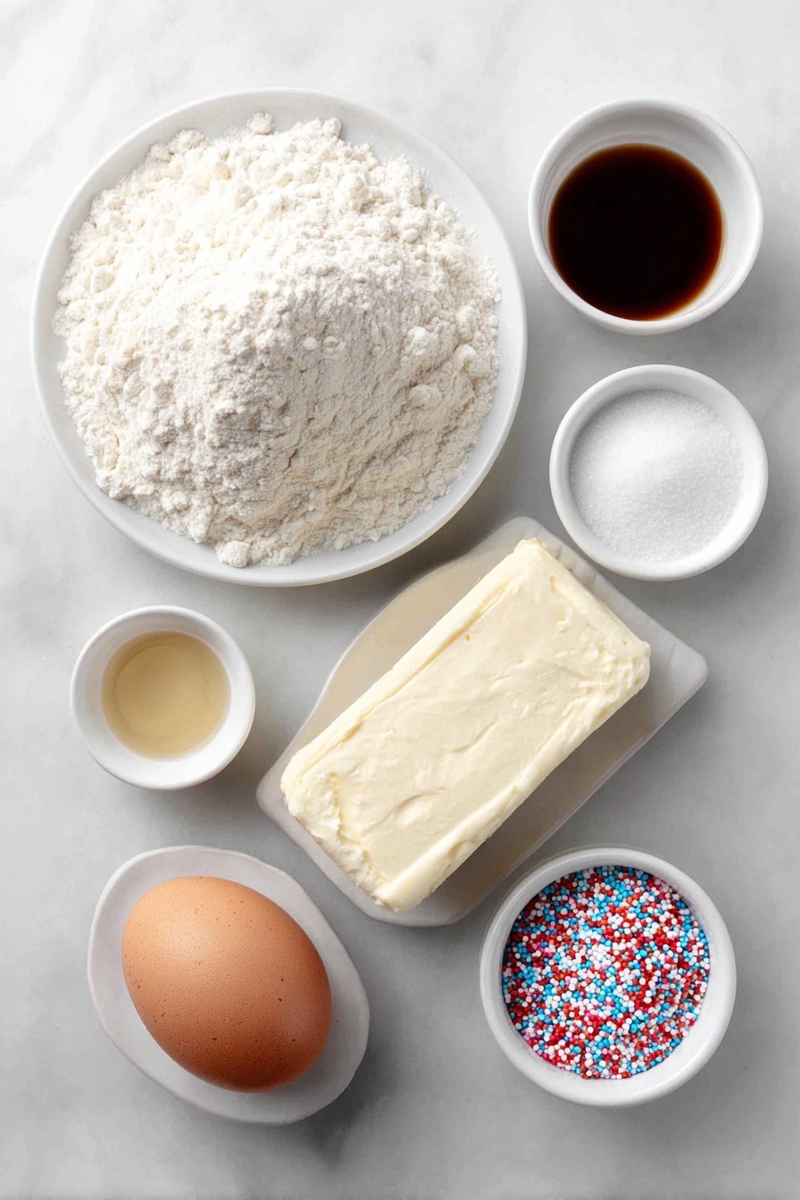 Flat lay of a small mound of all-purpose flour on a simple white ceramic plate, a small white bowl of baking powder, a small white bowl of salt, a block of unsalted butter with a smooth, pale yellow surface, a rectangular piece of cream cheese with a glossy texture, a small white bowl filled with granulated sugar sparkling in natural light, one whole large brown egg with a clean shell, a small white bowl containing pale golden vanilla extract, a small white bowl with clear almond extract, and a small white bowl filled with colorful round sprinkles in shades of red, blue, yellow, green, and white, all arranged symmetrically on a clean white marble surface, soft natural light, photo taken with an iPhone, professional food photography style, fresh ingredients, white ceramic bowls, no bottles, no duplicates, no utensils, no packaging --ar 2:3 --v 7 --p m7354615311229779997