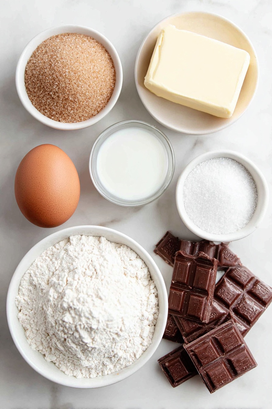 Flat lay of unsalted butter in a simple white ceramic bowl, creamy peanut butter in a small white ceramic bowl, packed light brown sugar in a small white ceramic bowl, granulated sugar in a small white ceramic bowl, a single large whole brown egg with a clean shell, a small white ceramic bowl with milk, vanilla extract in a small white ceramic bowl appearing as a clear liquid, a small white ceramic bowl with all-purpose flour, a small white ceramic bowl with baking soda powder, a small white ceramic bowl with salt crystals, and a pile of unwrapped Hershey’s Kisses chocolates, all arranged with perfect symmetry on a clean white marble surface, soft natural light, photo taken with an iPhone, professional food photography style, fresh ingredients, white ceramic bowls, no bottles, no duplicates, no utensils, no packaging --ar 2:3 --v 7 --p m7354615311229779997
