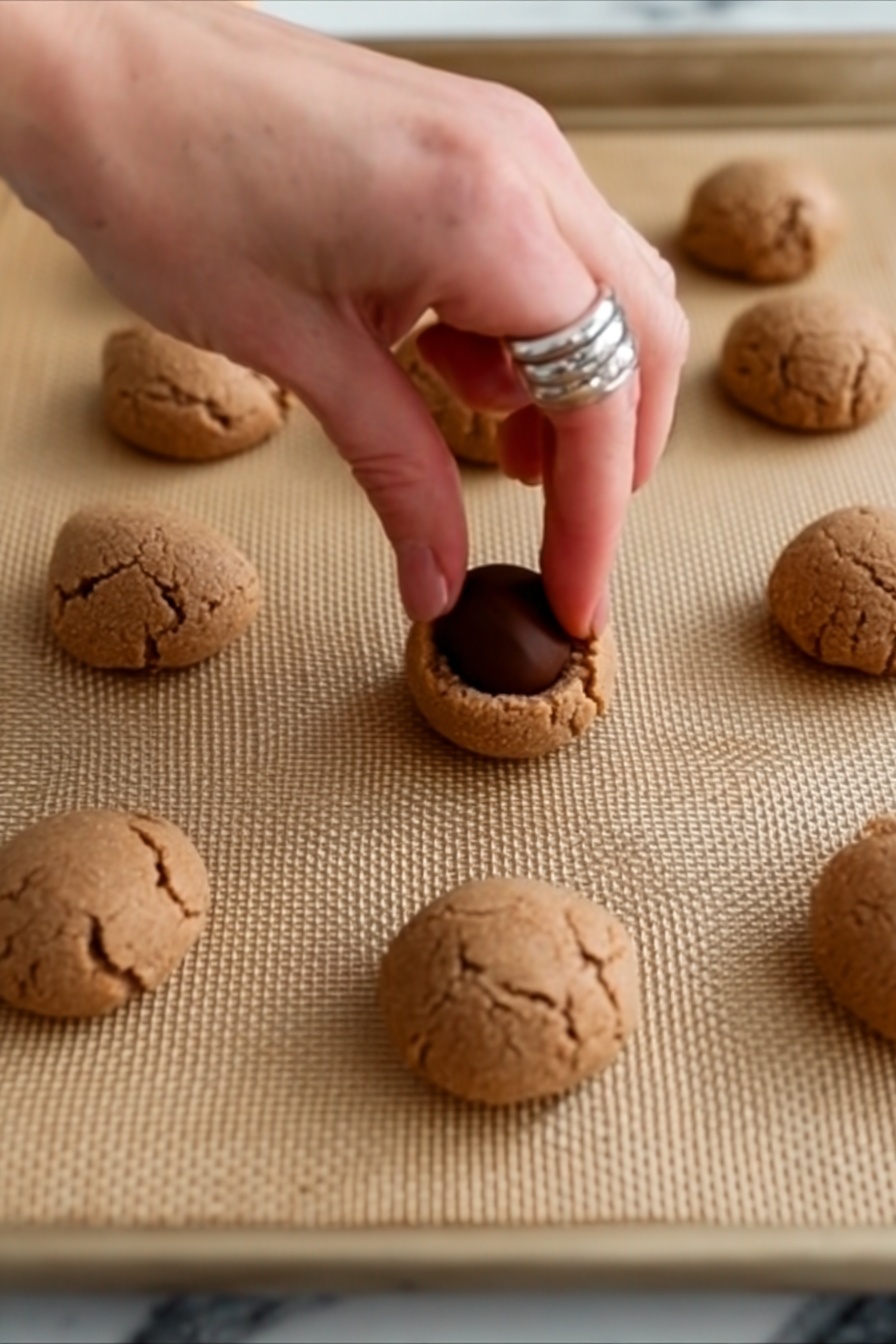 The image shows a close-up of a woman's hand pressing a large chocolate piece into the center of a small round cookie dough ball, placed on a baking mat. The cookies are light brown and have a slightly rough texture with some cracks on top, arranged in a loose grid pattern. The baking mat is beige with a textured surface, sitting on a white marbled background. The woman's hand wears a silver ring. Photo taken with an iphone --ar 2:3 --v 7