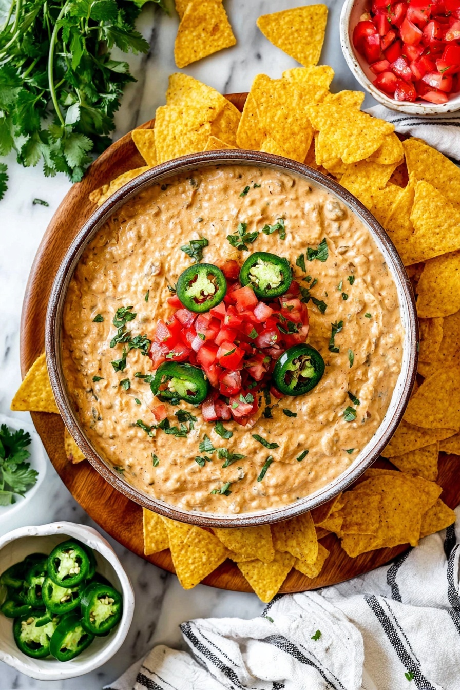 A round bowl filled with a creamy, light brown dip mixed with small bits of ingredients, topped in the center with fresh diced red tomatoes, sliced green jalapeños, and chopped green herbs. The bowl sits on a wooden board surrounded by yellow corn tortilla chips. Around the bowl, there are two smaller white bowls, one with bright red chopped tomatoes and the other with green sliced jalapeños. Fresh green cilantro leaves peek from the bottom left corner, and a white cloth with thin black stripes is placed on the right side on a white marbled surface. Photo taken with an iphone --ar 2:3 --v 7